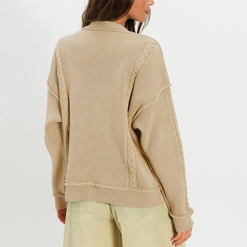 Women's V-Neck Knit Cardigan – Long Sleeve Button-Front Loose Sweater