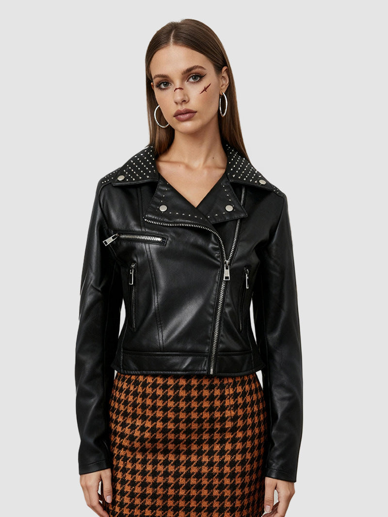 Women's Black Studded Faux Leather Moto Jacket