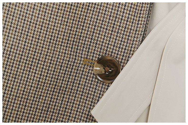 Women's Beige Trench Coat – Long Double-Breasted Belted Coat with Olive Leather Lapel and Cuffs