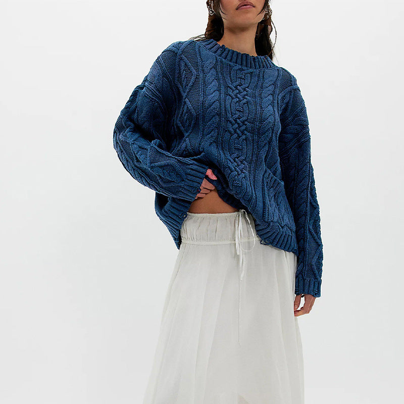 Round Neck Pocket Cable Knit Pullover Sweater