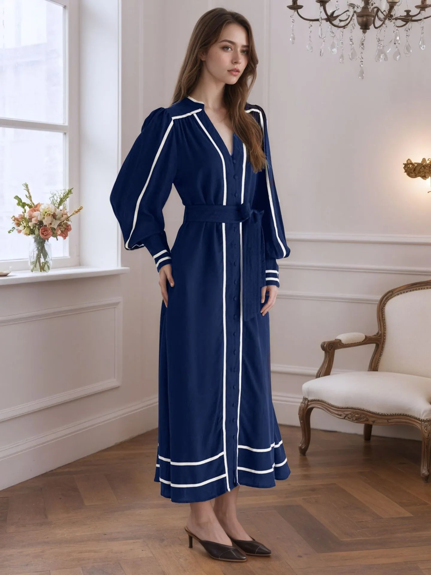 Women's Navy Elegant Maxi Dress V-Neck Lace Up Long Sleeve Dress
