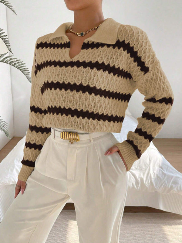 Women's Striped Polo Sweater – Casual Knit Pullover