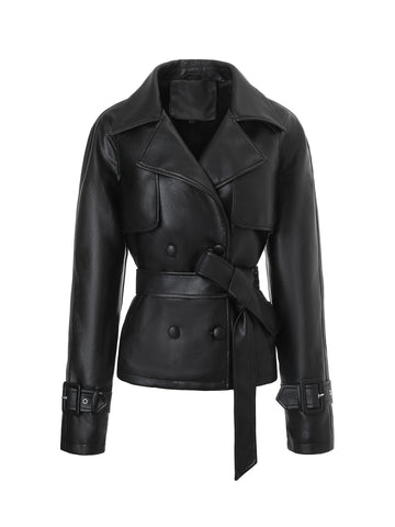 Women's Faux Leather Jacket – Black Double-Breasted Belted Biker Jacket with Notch Lapels