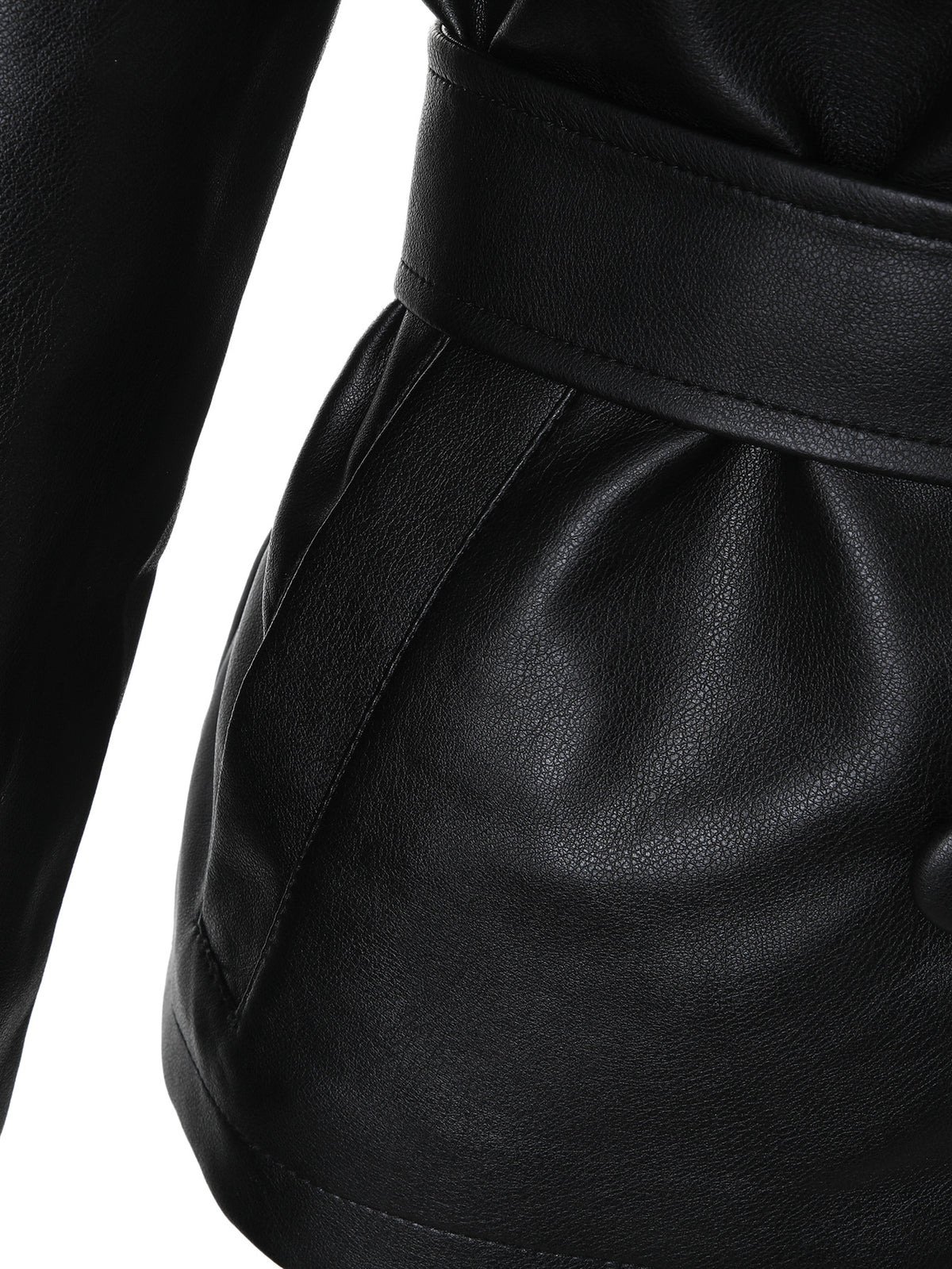 Women's Faux Leather Jacket – Black Double-Breasted Belted Biker Jacket with Notch Lapels