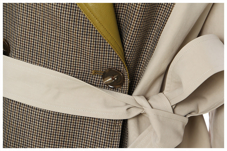 Women's Beige Trench Coat – Long Double-Breasted Belted Coat with Olive Leather Lapel and Cuffs