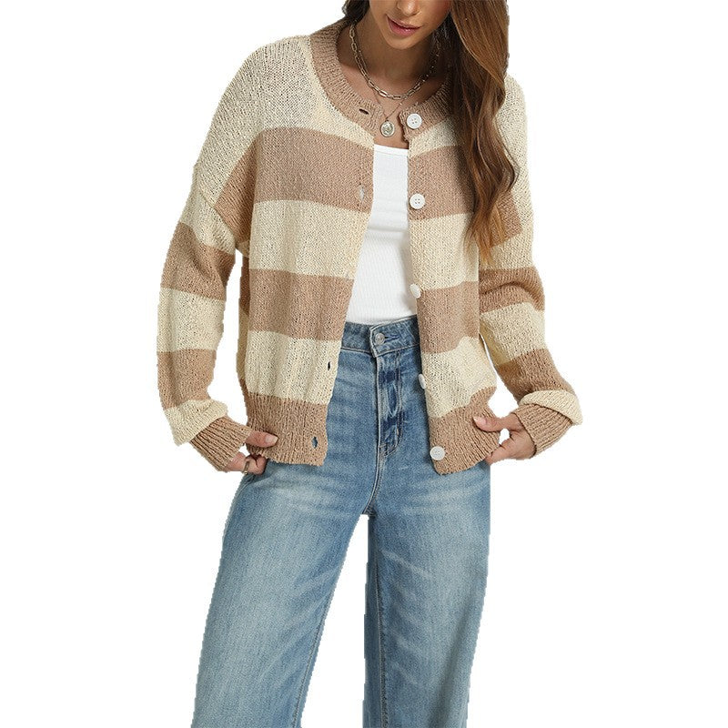 Mari Button Knitted Striped Sweater Casual Long-Sleeve