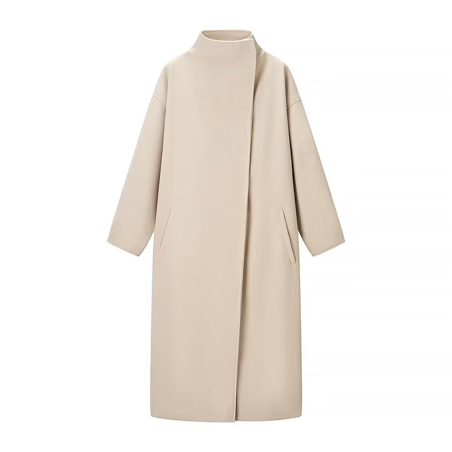Women's Long Coat – High Collar Loose Maxi Overcoat with Hidden Placket