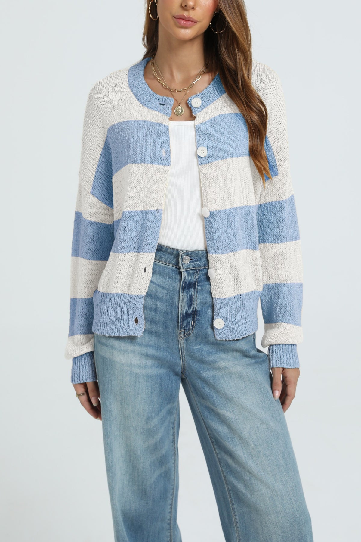 Mari Button Knitted Striped Sweater Casual Long-Sleeve