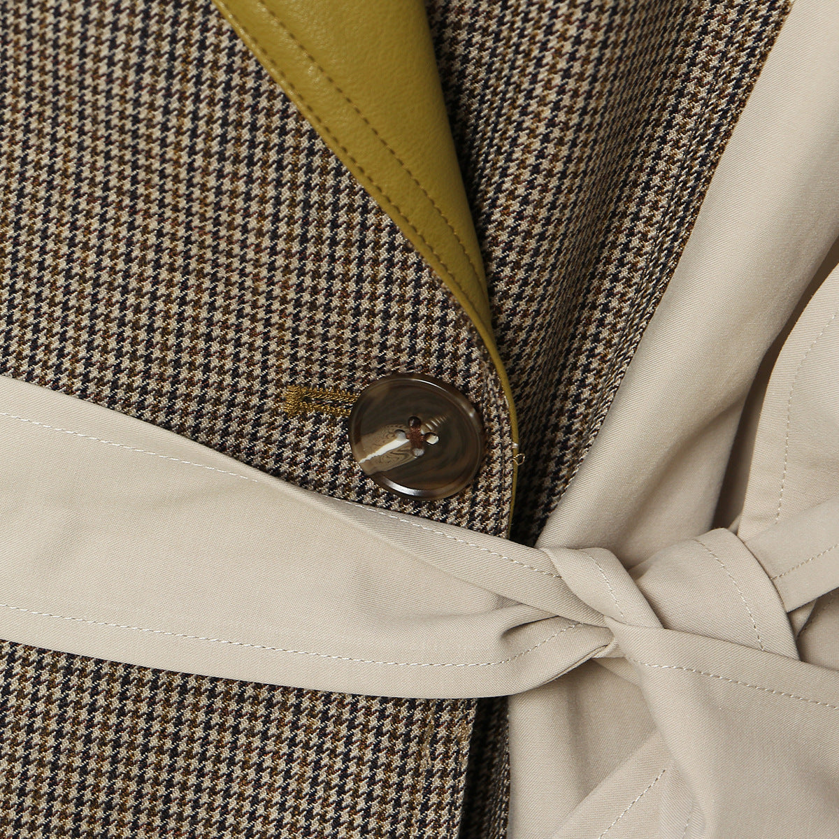 Women's Beige Trench Coat – Long Double-Breasted Belted Coat with Olive Leather Lapel and Cuffs