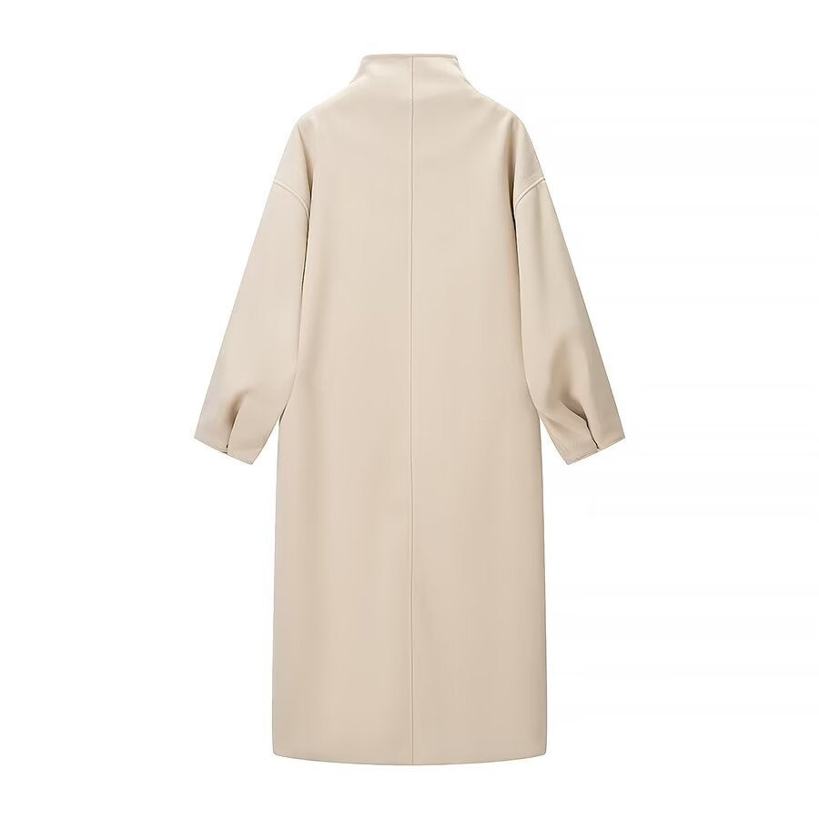 Women's Long Coat – High Collar Loose Maxi Overcoat with Hidden Placket