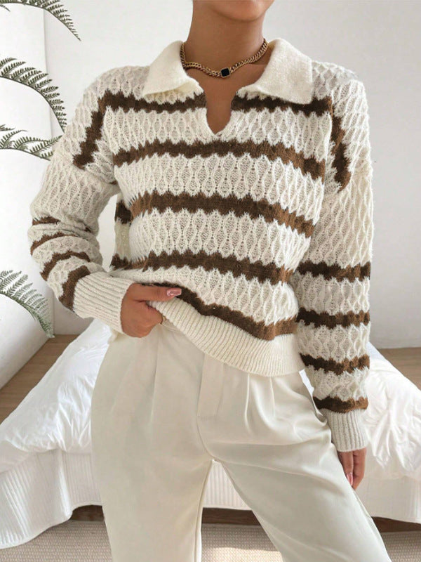 Women's Striped Polo Sweater – Casual Knit Pullover