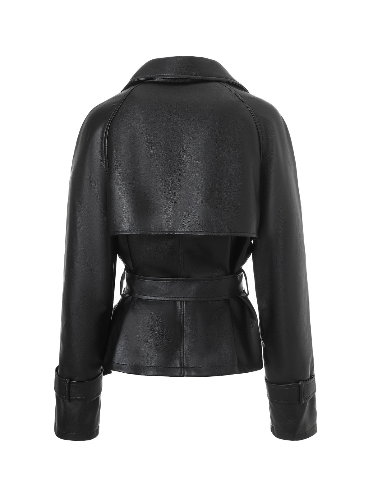 Women's Faux Leather Jacket – Black Double-Breasted Belted Biker Jacket with Notch Lapels