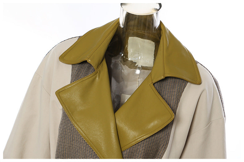 Women's Beige Trench Coat – Long Double-Breasted Belted Coat with Olive Leather Lapel and Cuffs