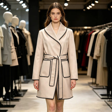 Women's Wrap Coat – Apricot Belted Mid-Length Coat with Black Blanket-Stitch Trim and Pockets