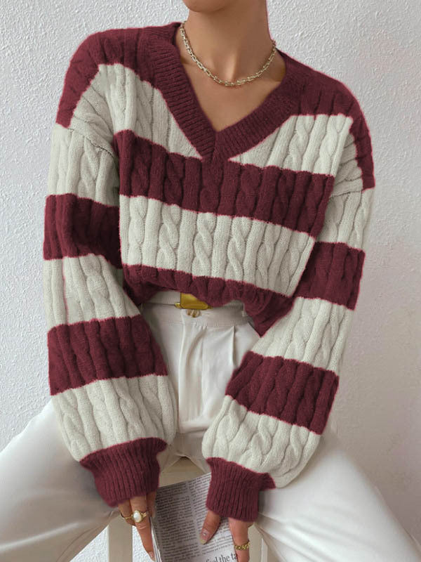 Women's Striped Cable Knit Sweater – V-Neck Oversized Chunky Pullover with Balloon Sleeves