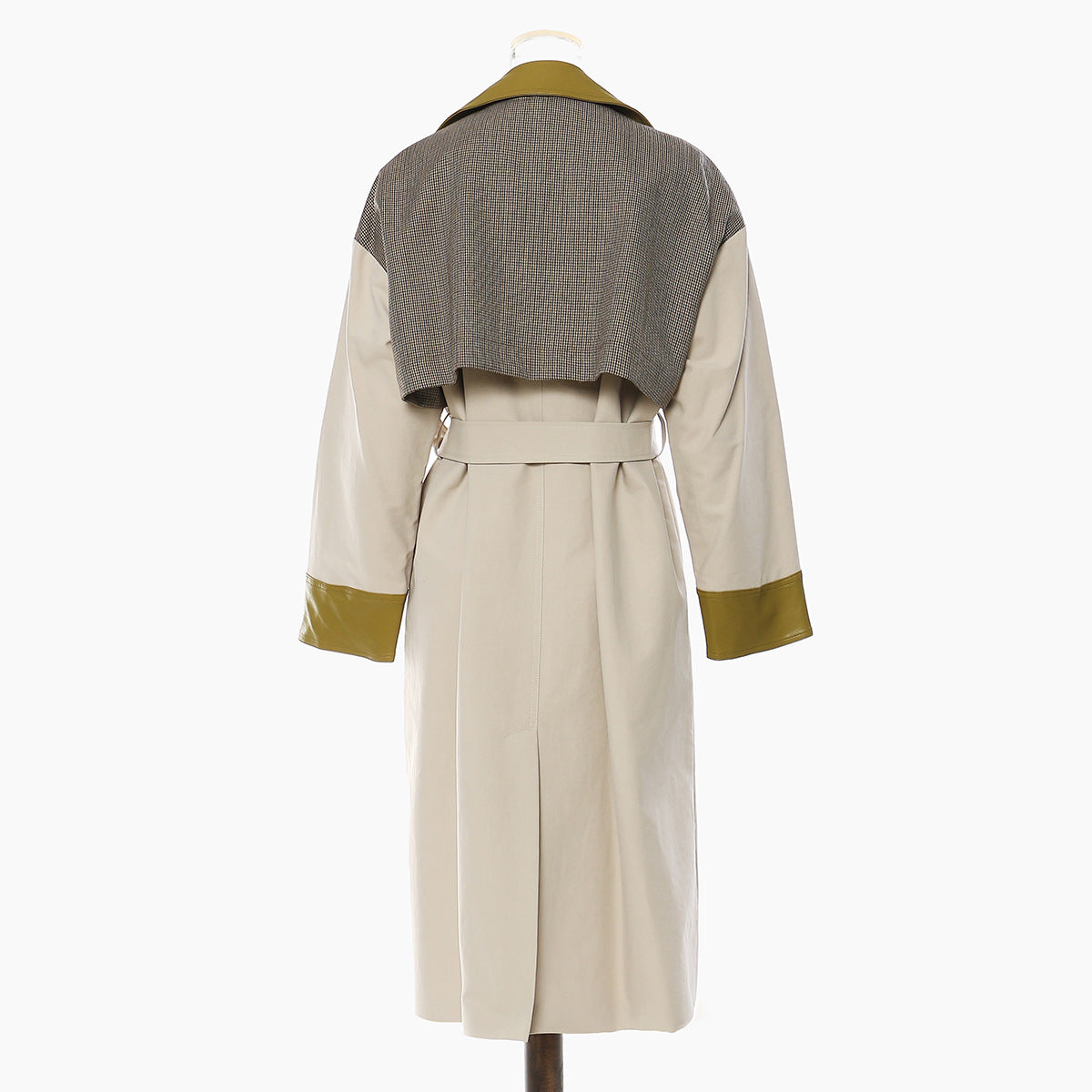 Women's Beige Trench Coat – Long Double-Breasted Belted Coat with Olive Leather Lapel and Cuffs