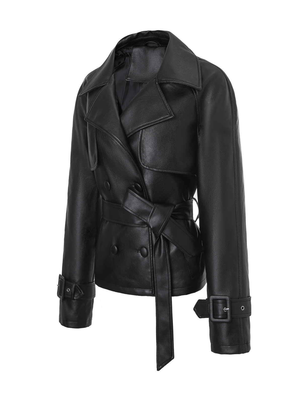 Women's Faux Leather Jacket – Black Double-Breasted Belted Biker Jacket with Notch Lapels