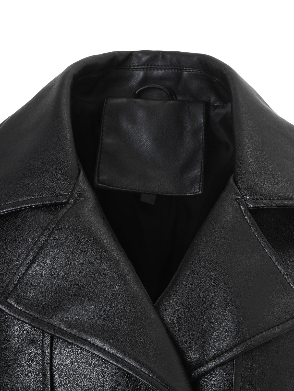 Women's Faux Leather Jacket – Black Double-Breasted Belted Biker Jacket with Notch Lapels