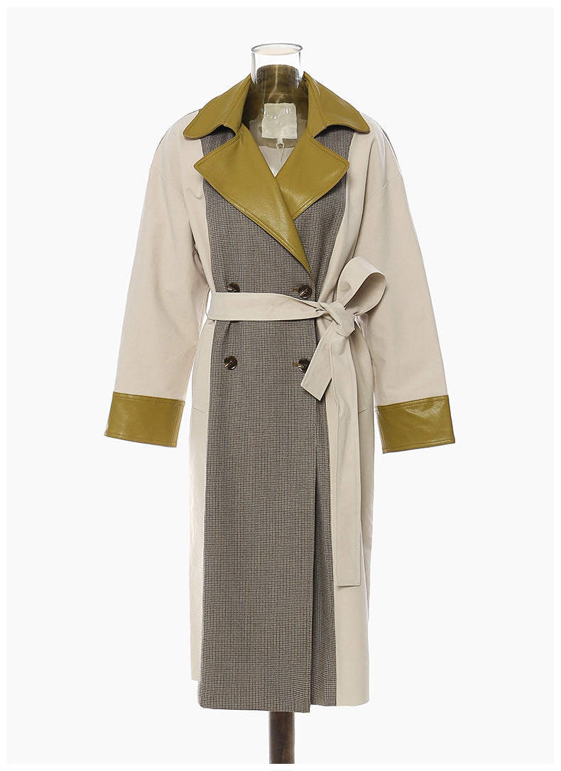 Women's Beige Trench Coat – Long Double-Breasted Belted Coat with Olive Leather Lapel and Cuffs
