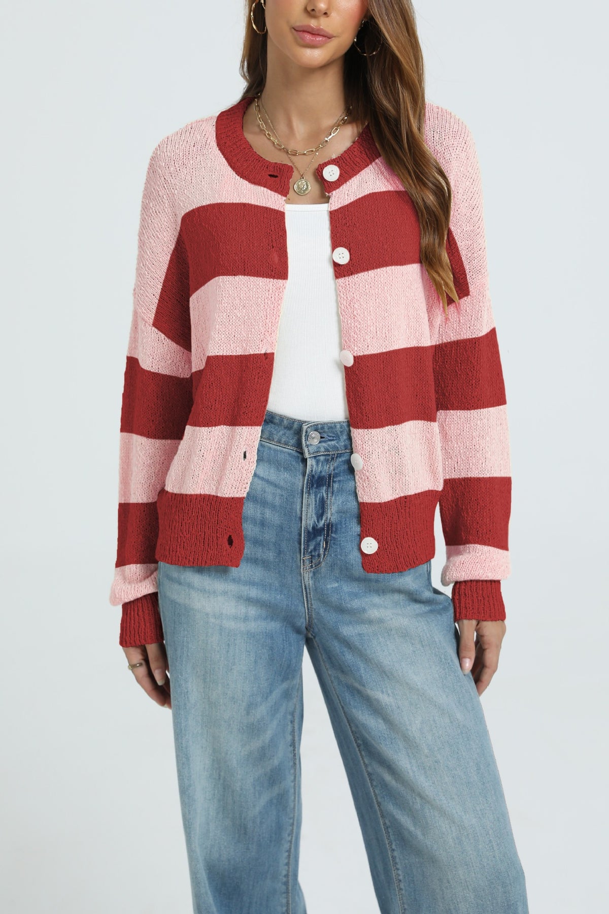 Mari Button Knitted Striped Sweater Casual Long-Sleeve
