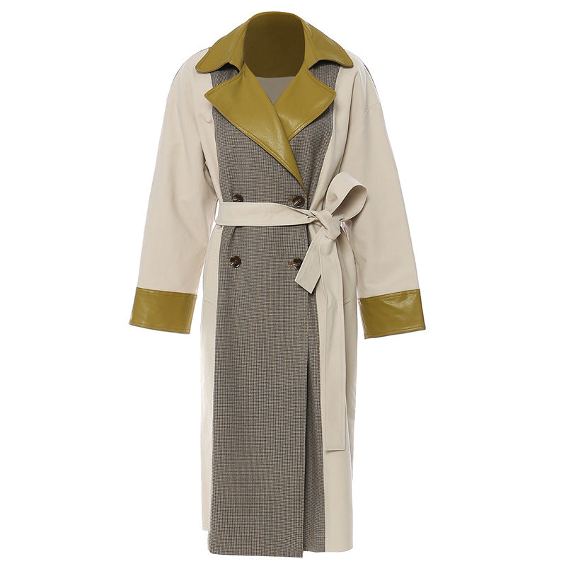 Women's Beige Trench Coat – Long Double-Breasted Belted Coat with Olive Leather Lapel and Cuffs