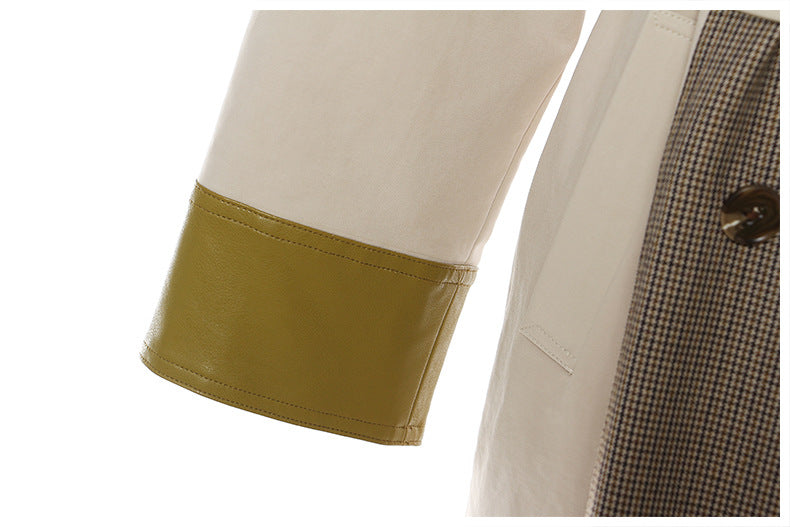 Women's Beige Trench Coat – Long Double-Breasted Belted Coat with Olive Leather Lapel and Cuffs