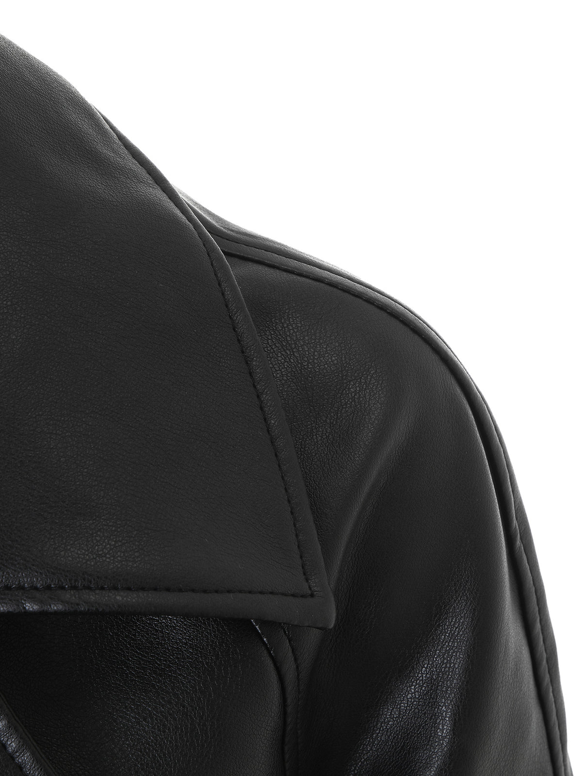 Women's Faux Leather Jacket – Black Double-Breasted Belted Biker Jacket with Notch Lapels