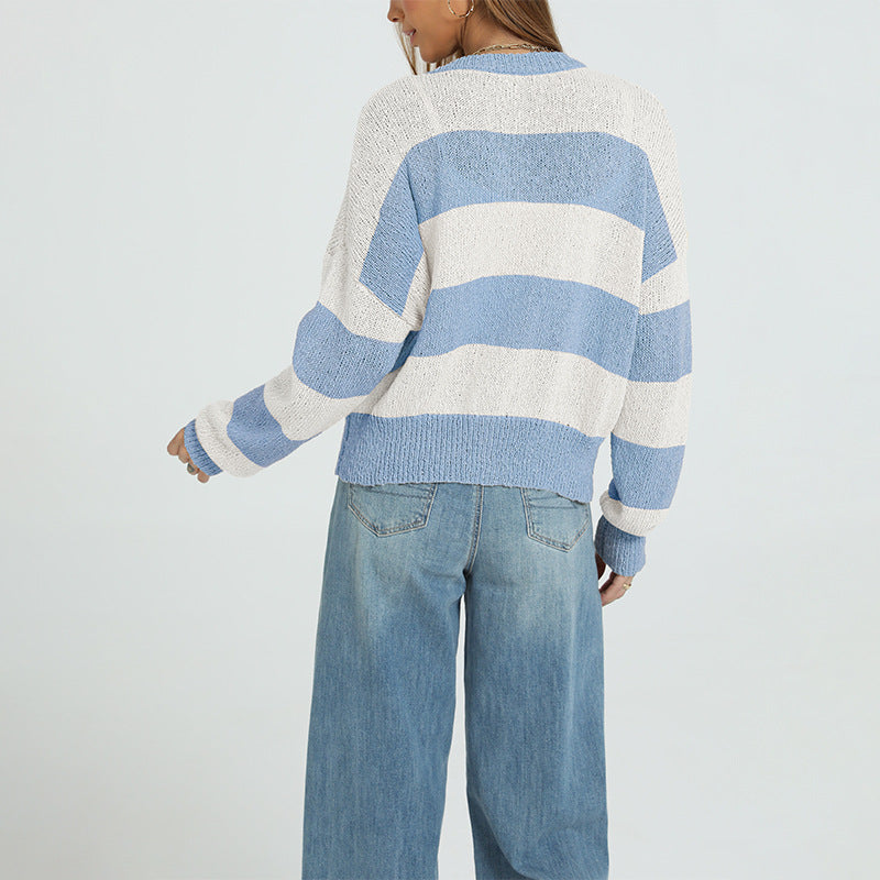 Mari Button Knitted Striped Sweater Casual Long-Sleeve