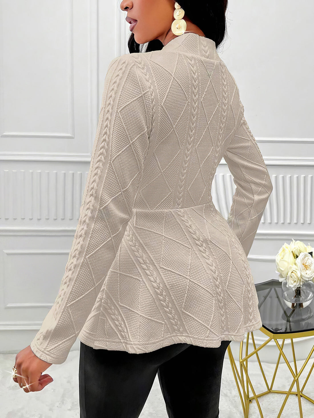 Women's Longline Jacquard Blazer Jacket – Textured Weave Coat