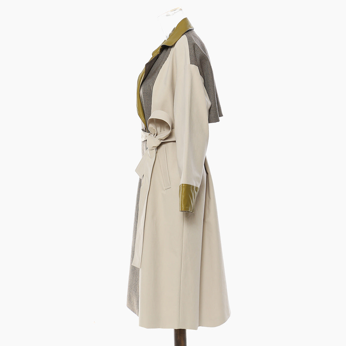 Women's Beige Trench Coat – Long Double-Breasted Belted Coat with Olive Leather Lapel and Cuffs