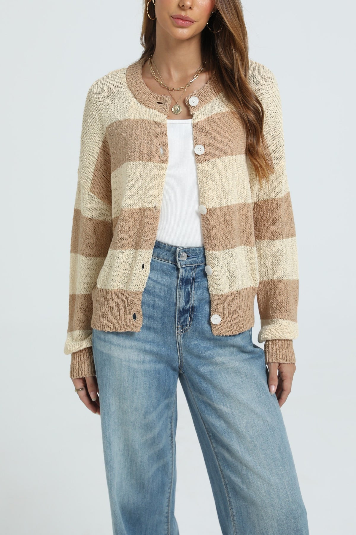 Mari Button Knitted Striped Sweater Casual Long-Sleeve