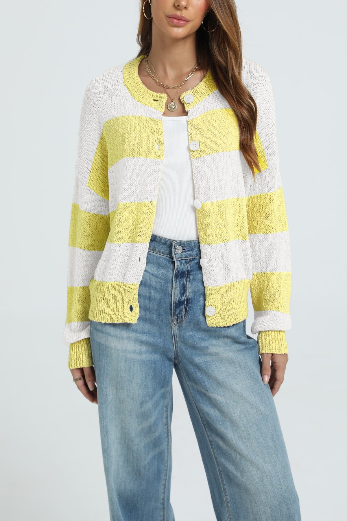Mari Button Knitted Striped Sweater Casual Long-Sleeve