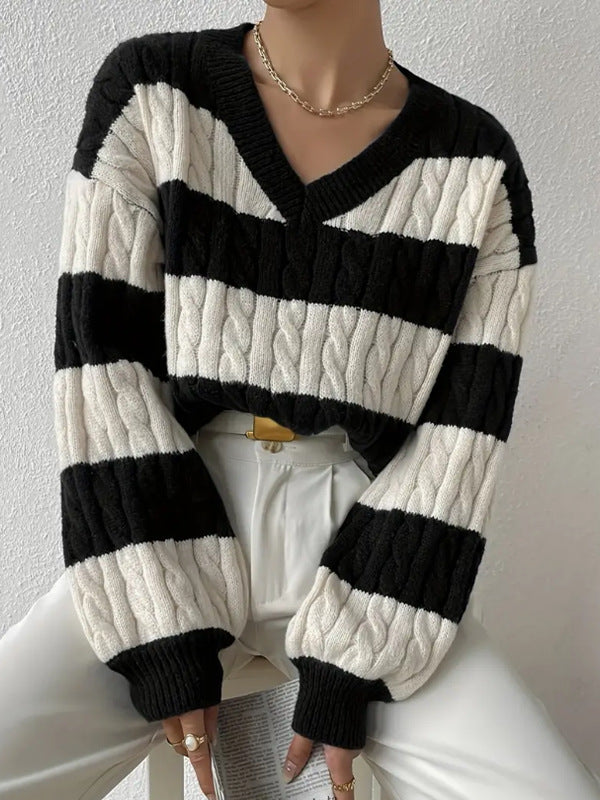 Women's Striped Cable Knit Sweater – V-Neck Oversized Chunky Pullover with Balloon Sleeves