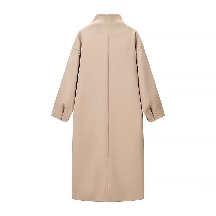 Women's Long Coat – High Collar Loose Maxi Overcoat with Hidden Placket
