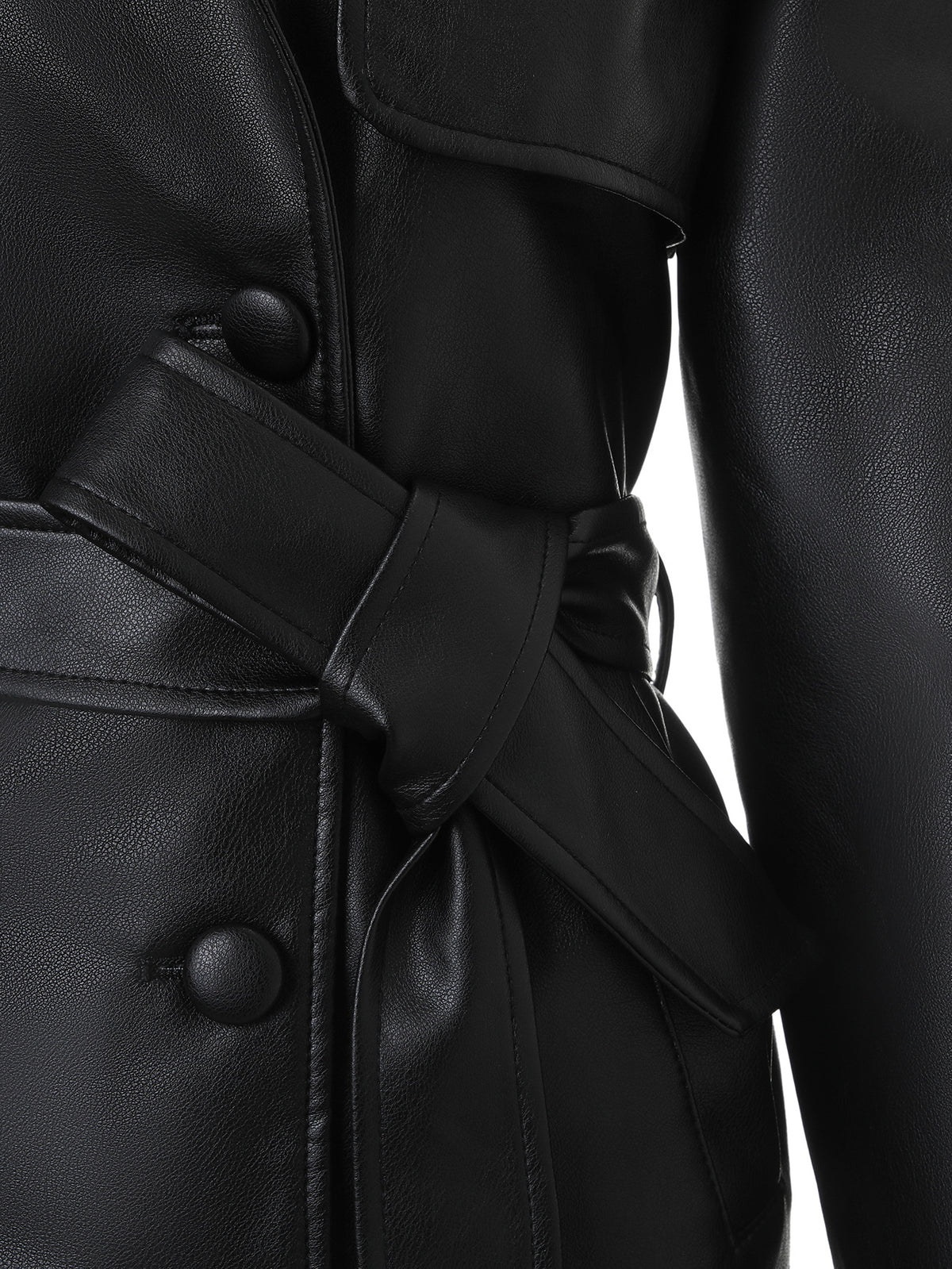 Women's Faux Leather Jacket – Black Double-Breasted Belted Biker Jacket with Notch Lapels