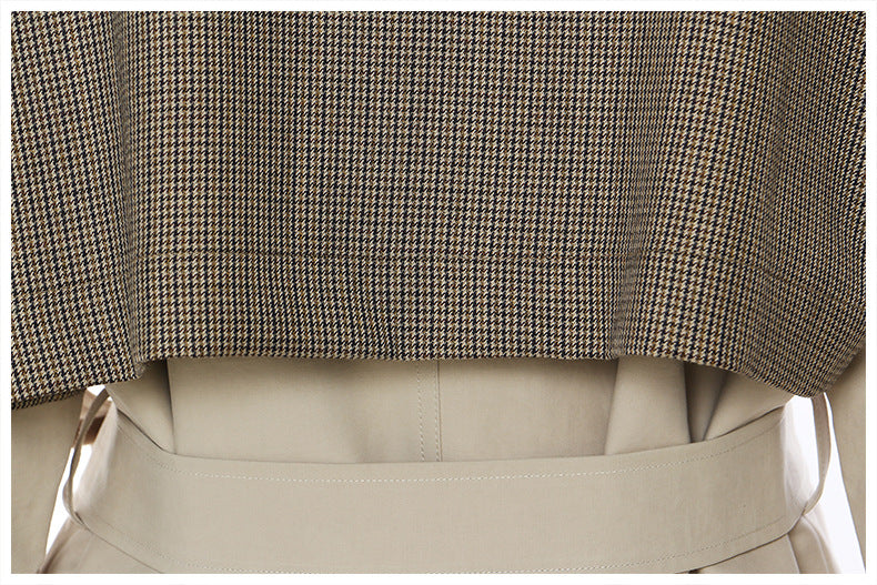 Women's Beige Trench Coat – Long Double-Breasted Belted Coat with Olive Leather Lapel and Cuffs