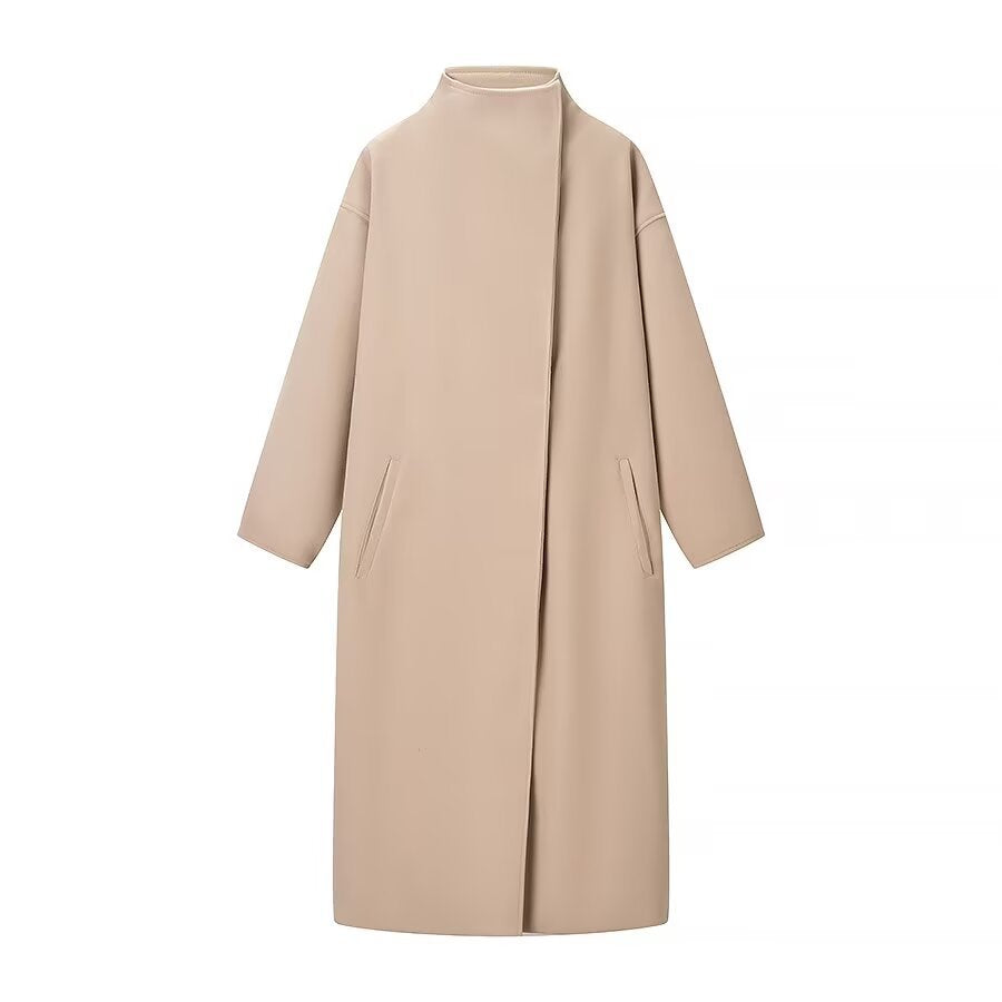 Women's Long Coat – High Collar Loose Maxi Overcoat with Hidden Placket