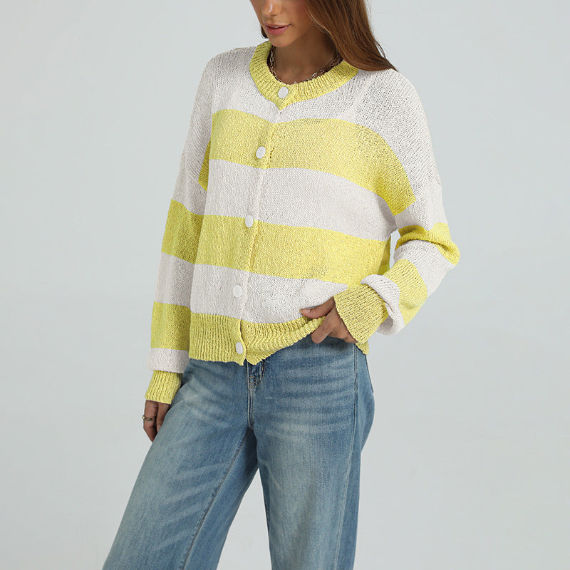 Mari Button Knitted Striped Sweater Casual Long-Sleeve