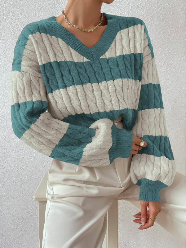Women's Striped Cable Knit Sweater – V-Neck Oversized Chunky Pullover with Balloon Sleeves