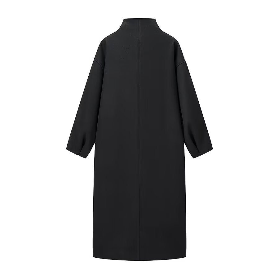 Women's Long Coat – High Collar Loose Maxi Overcoat with Hidden Placket