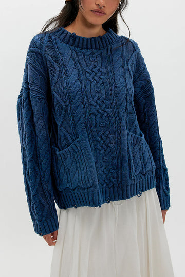 Round Neck Pocket Cable Knit Pullover Sweater