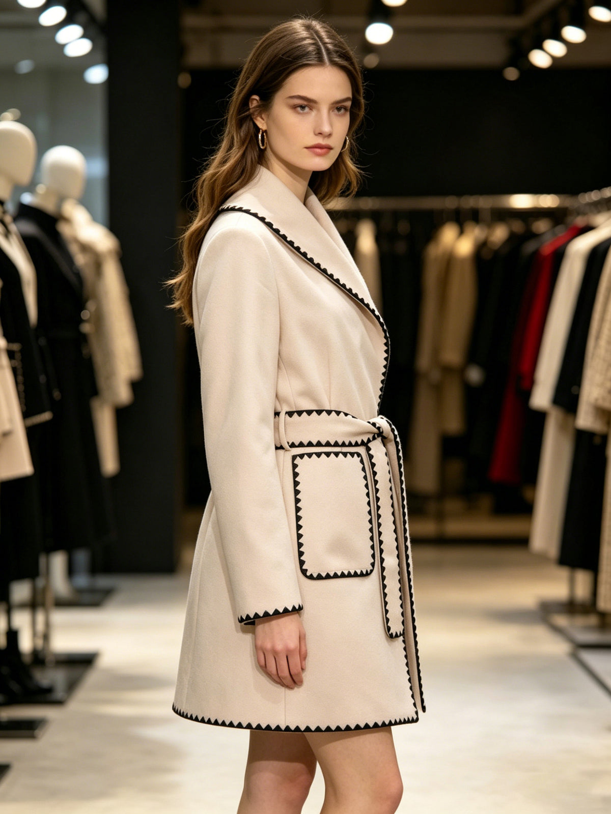 Women's Wrap Coat – Apricot Belted Mid-Length Coat with Black Blanket-Stitch Trim and Pockets