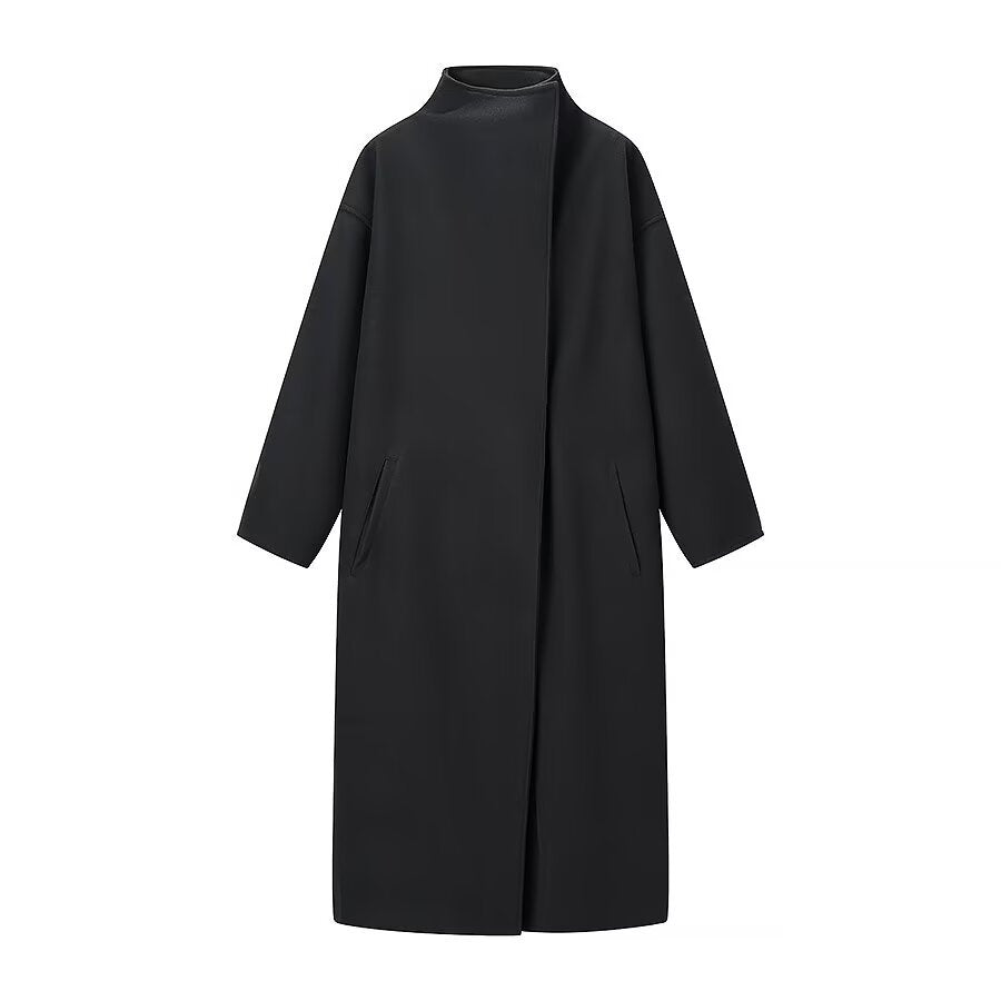 Women's Long Coat – High Collar Loose Maxi Overcoat with Hidden Placket