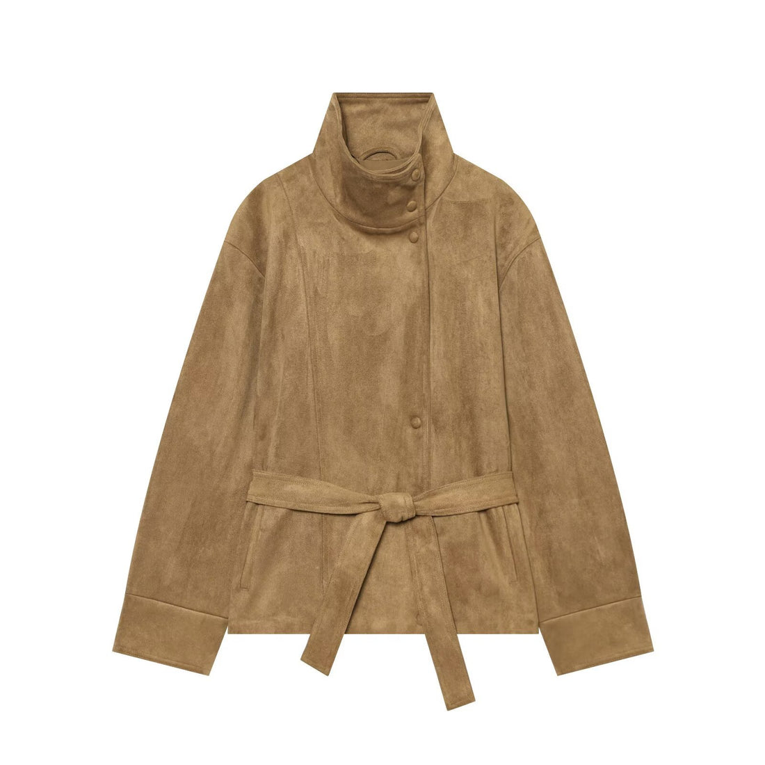 Women's Belted Suede Jacket – Brown Faux Suede Collared Short Coat with Belt and Pockets