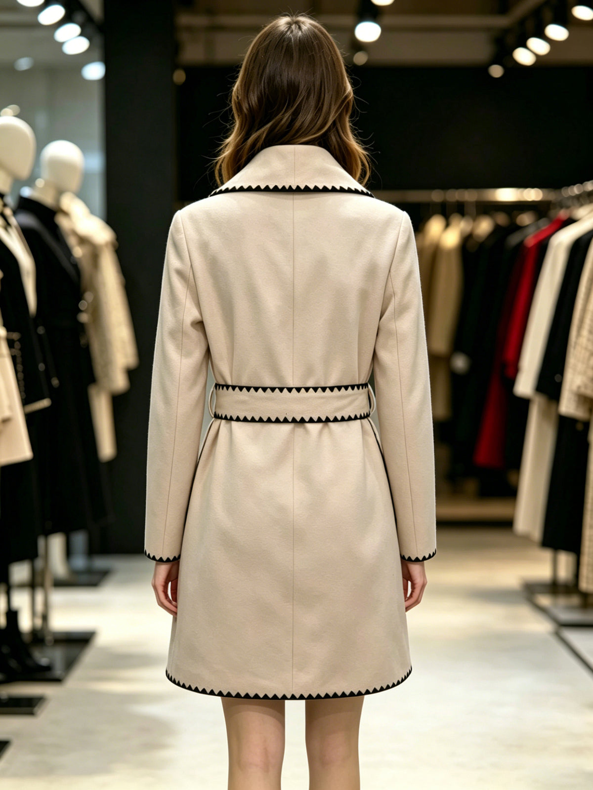 Women's Wrap Coat – Apricot Belted Mid-Length Coat with Black Blanket-Stitch Trim and Pockets