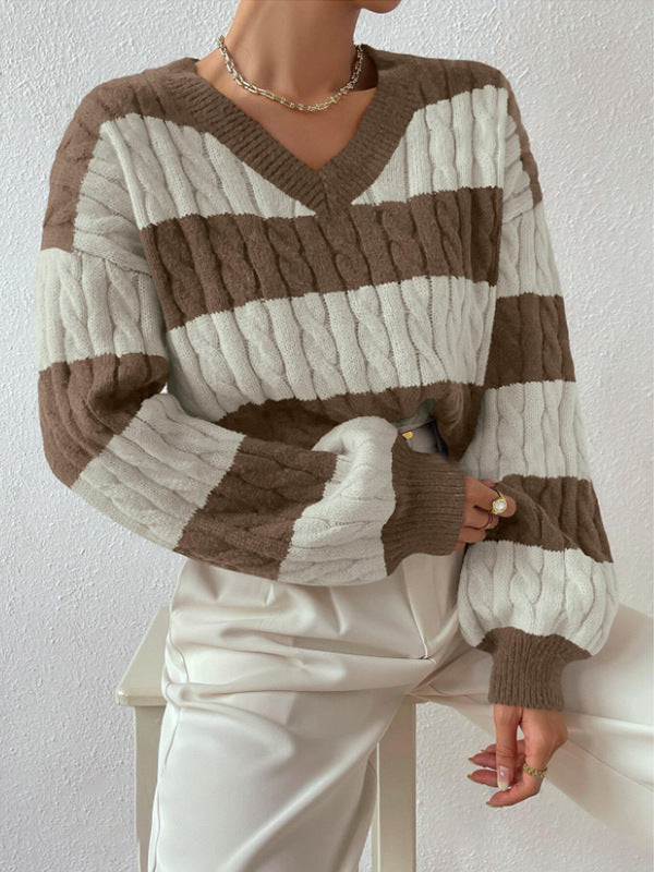 Women's Striped Cable Knit Sweater – V-Neck Oversized Chunky Pullover with Balloon Sleeves