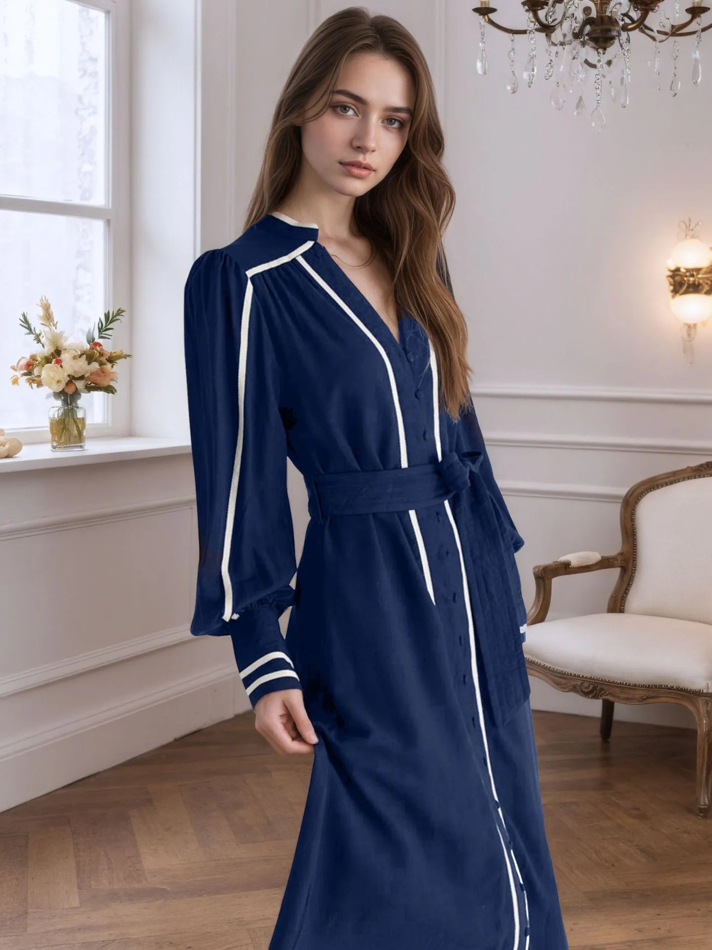 Women's Navy Elegant Maxi Dress V-Neck Lace Up Long Sleeve Dress