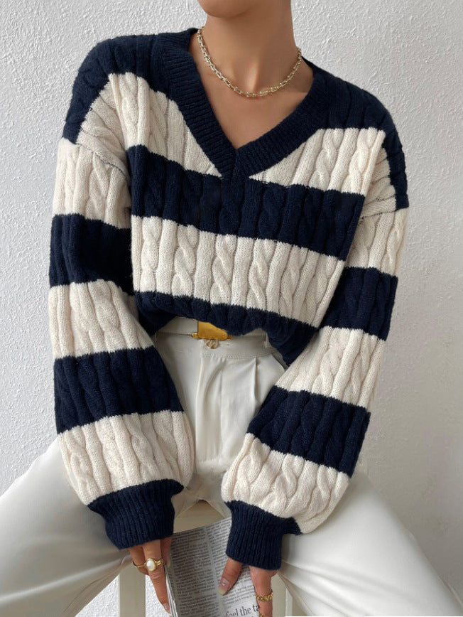 Women's Striped Cable Knit Sweater – V-Neck Oversized Chunky Pullover with Balloon Sleeves