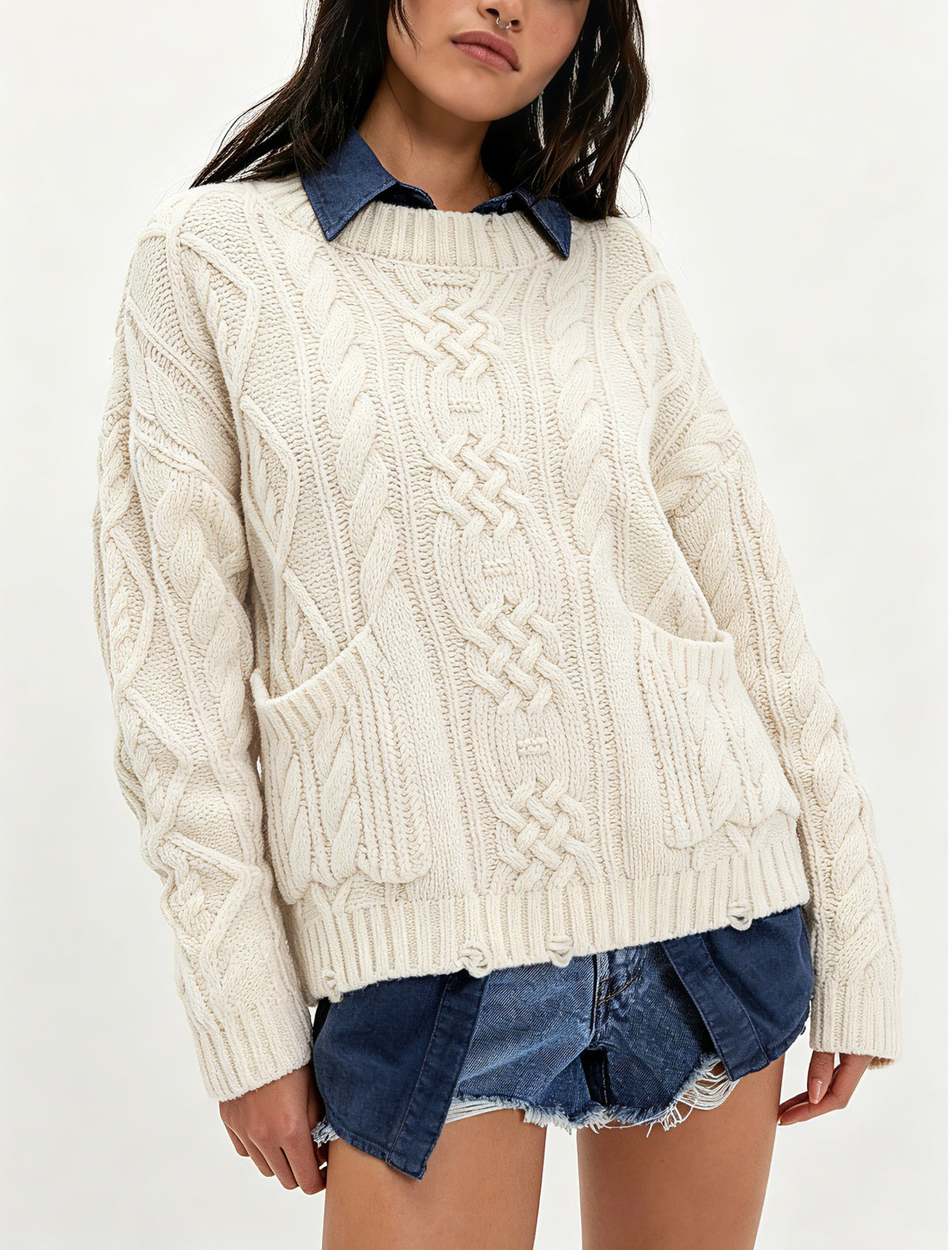 Round Neck Pocket Cable Knit Pullover Sweater
