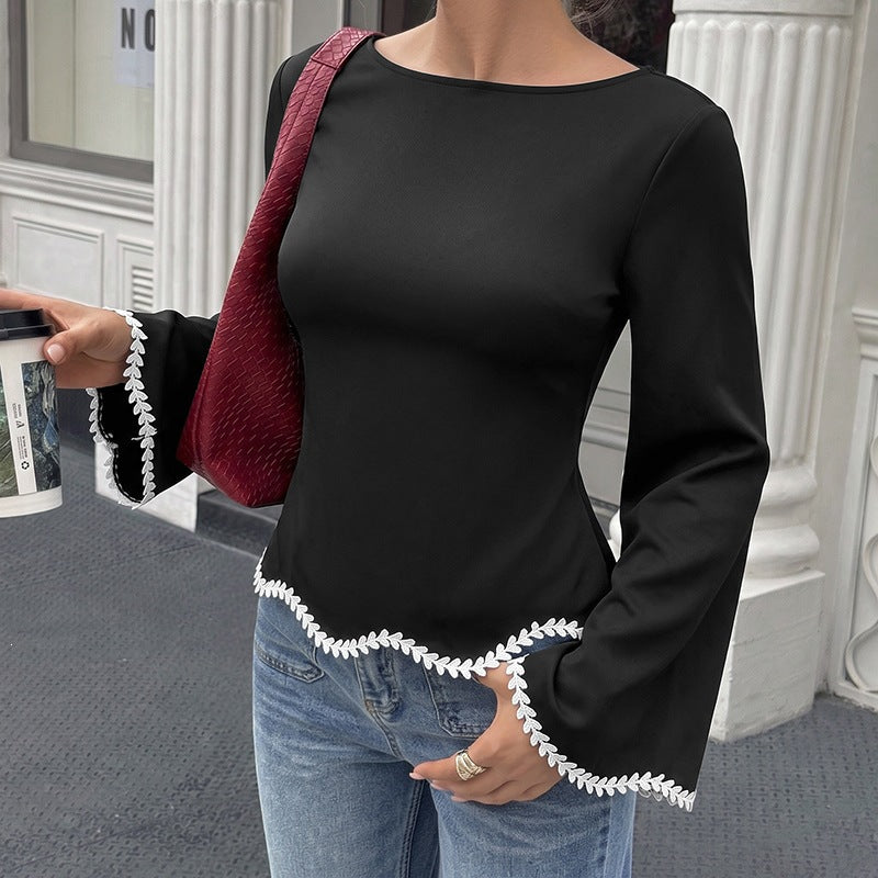 Women's A-Line Blouse – Boat Neck Bell Sleeve Top with Contrast Collar and Floral Lace Trim